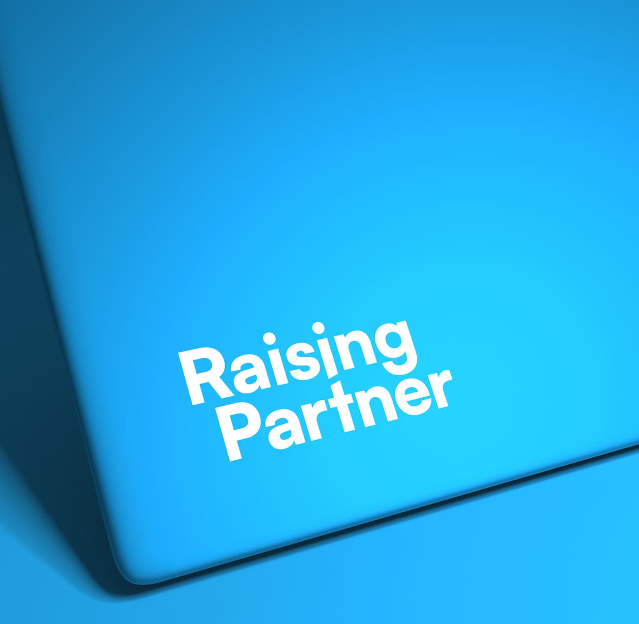 Raising Partner wordmark printed in white on a blue device mockup