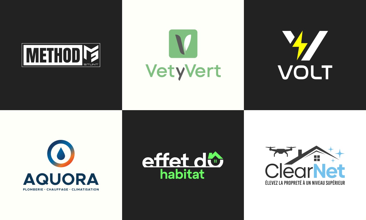 Logo design portfolio grid for Method, VetyVert, Volt, Aquora, effet do and ClearNet