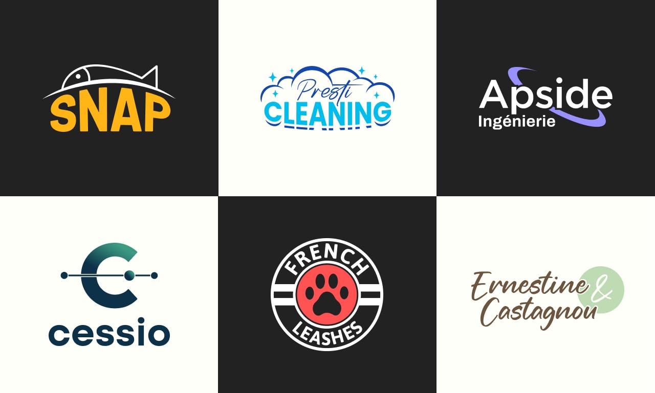 Logo design portfolio grid for Snap, Presti Cleaning, Apside, Cessio, French Leashes and Ernestine Castagnou